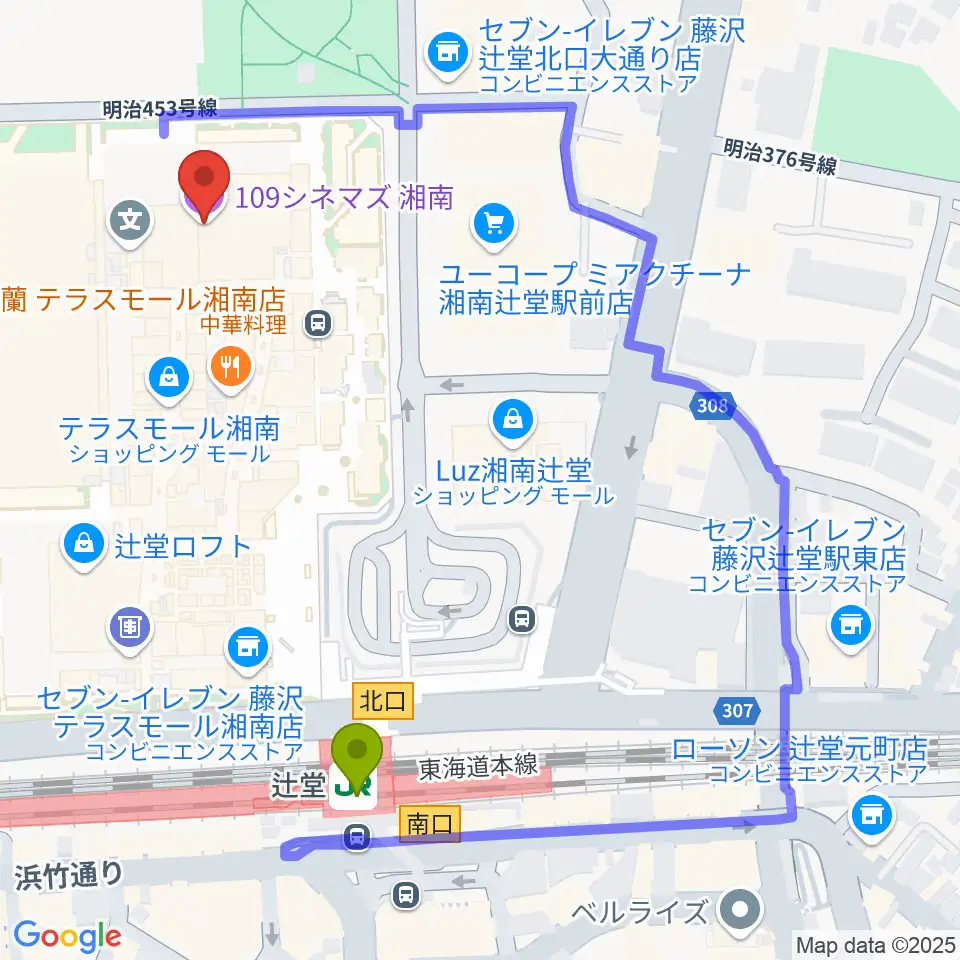 109シネマズ湘南の最寄駅辻堂駅からの徒歩ルート（約5分）地図