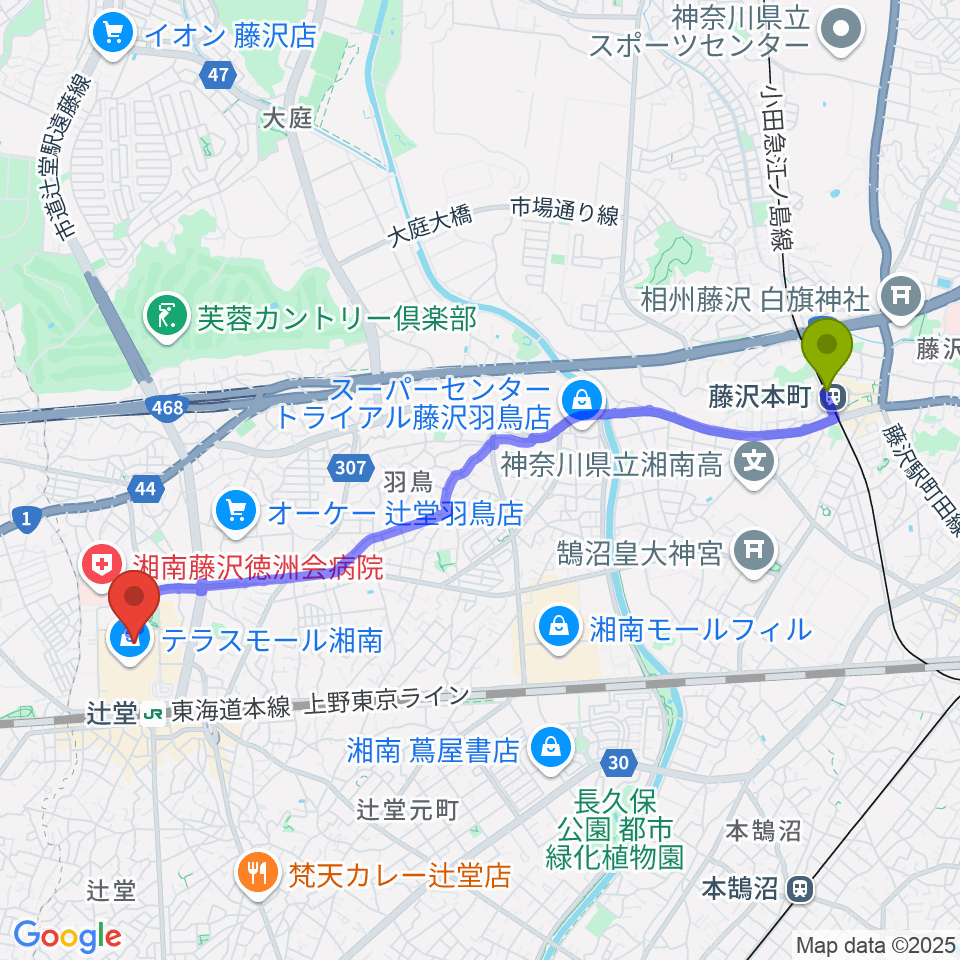 藤沢本町駅から109シネマズ湘南へのルートマップ地図