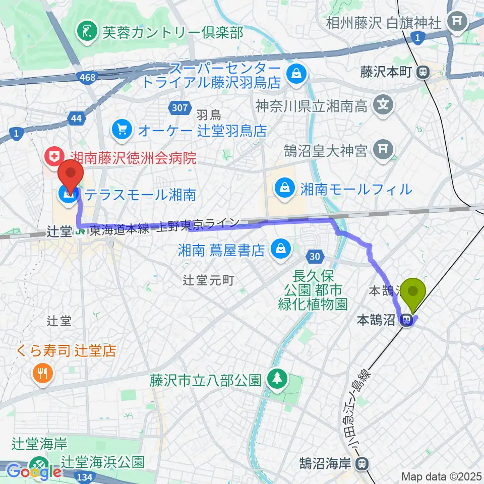 本鵠沼駅から109シネマズ湘南へのルートマップ地図