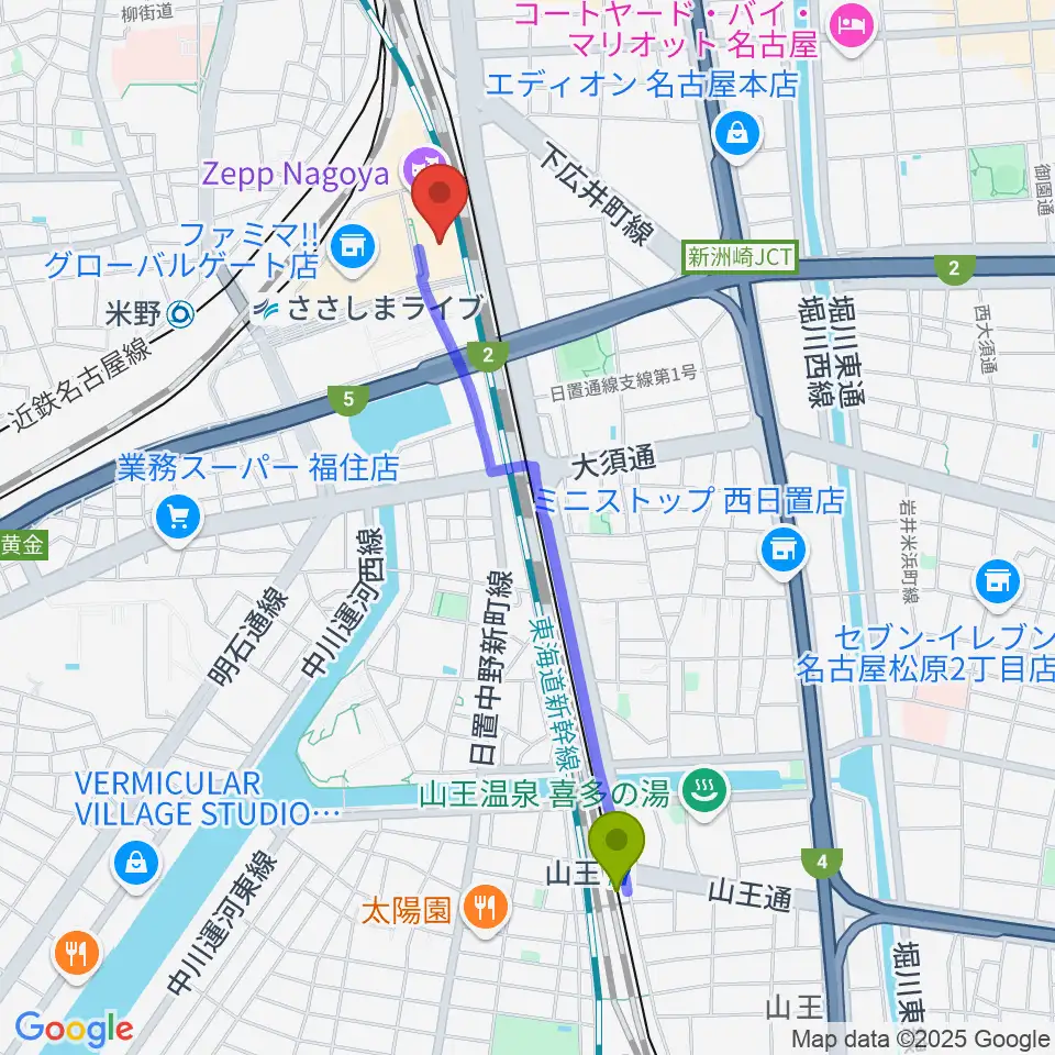 山王駅から109シネマズ名古屋へのルートマップ地図