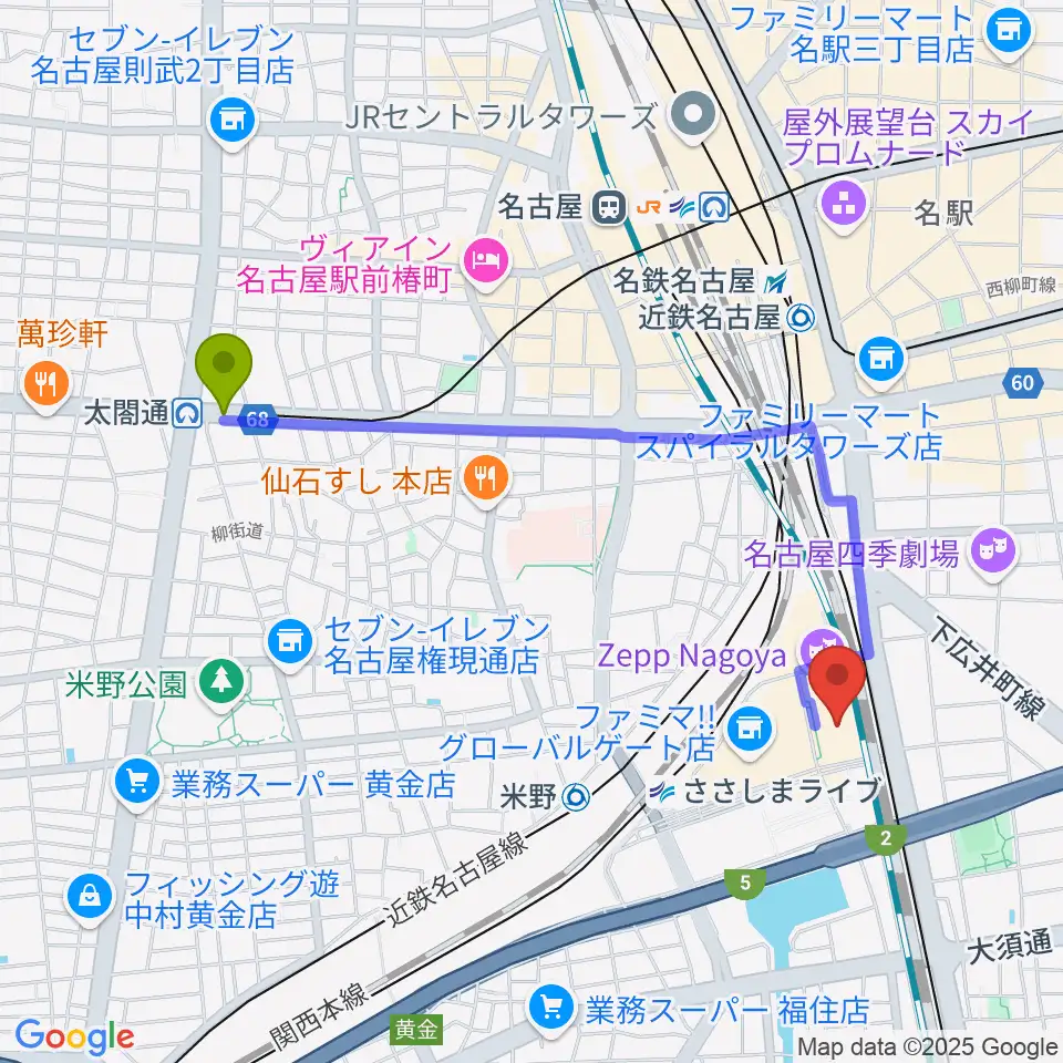 中村区役所駅から109シネマズ名古屋へのルートマップ地図