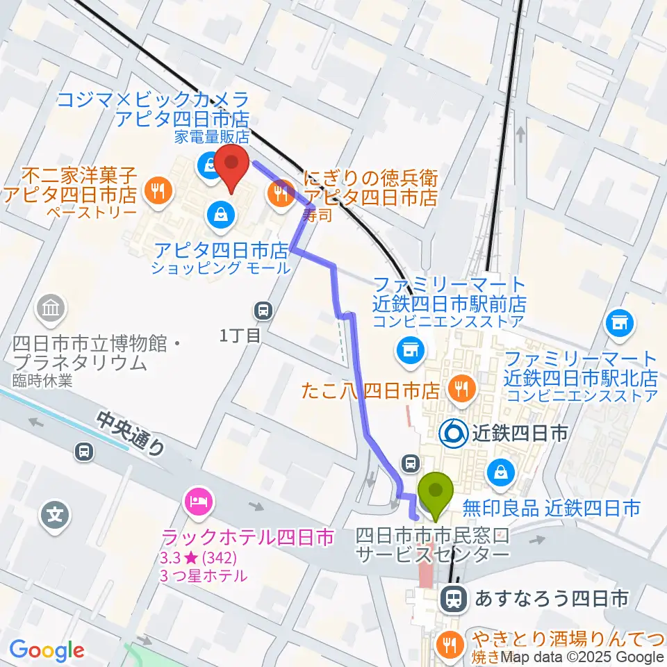 109シネマズ四日市の最寄駅近鉄四日市駅からの徒歩ルート（約5分）地図