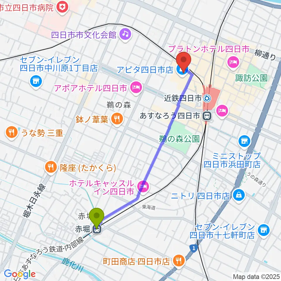 赤堀駅から109シネマズ四日市へのルートマップ地図