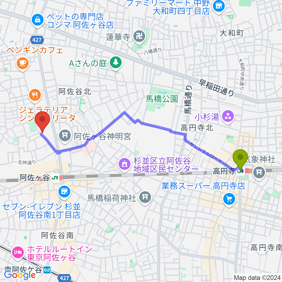 高円寺駅からオントエンリズムストアへのルートマップ地図