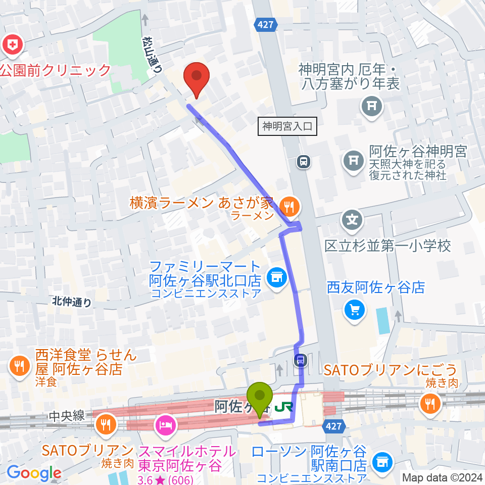 オントエンリズムストアの最寄駅阿佐ケ谷駅からの徒歩ルート（約5分）地図