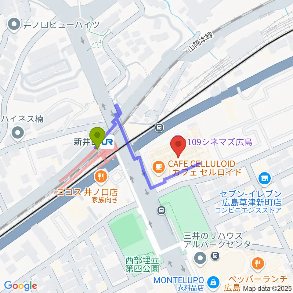 109シネマズ広島の最寄駅新井口駅からの徒歩ルート（約2分）地図