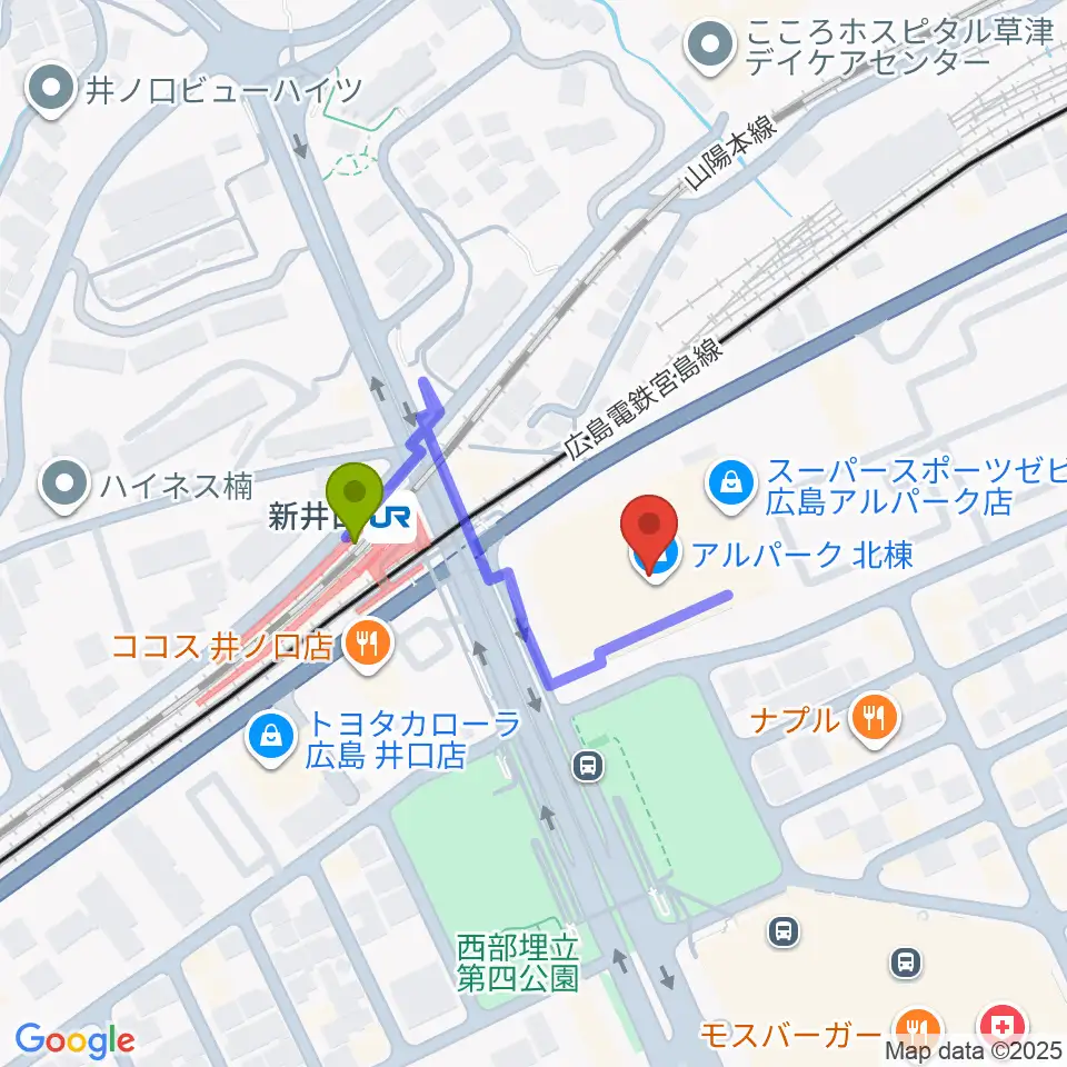 109シネマズ広島の最寄駅新井口駅からの徒歩ルート（約2分）地図
