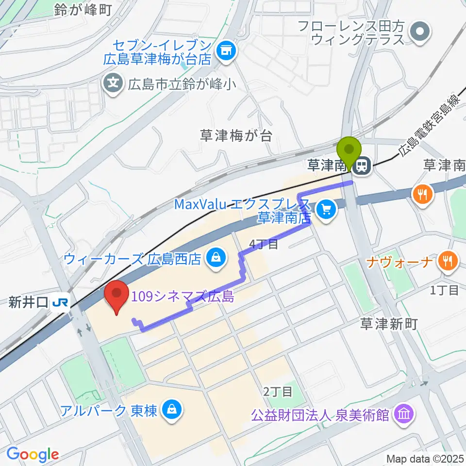 草津南駅から109シネマズ広島へのルートマップ地図