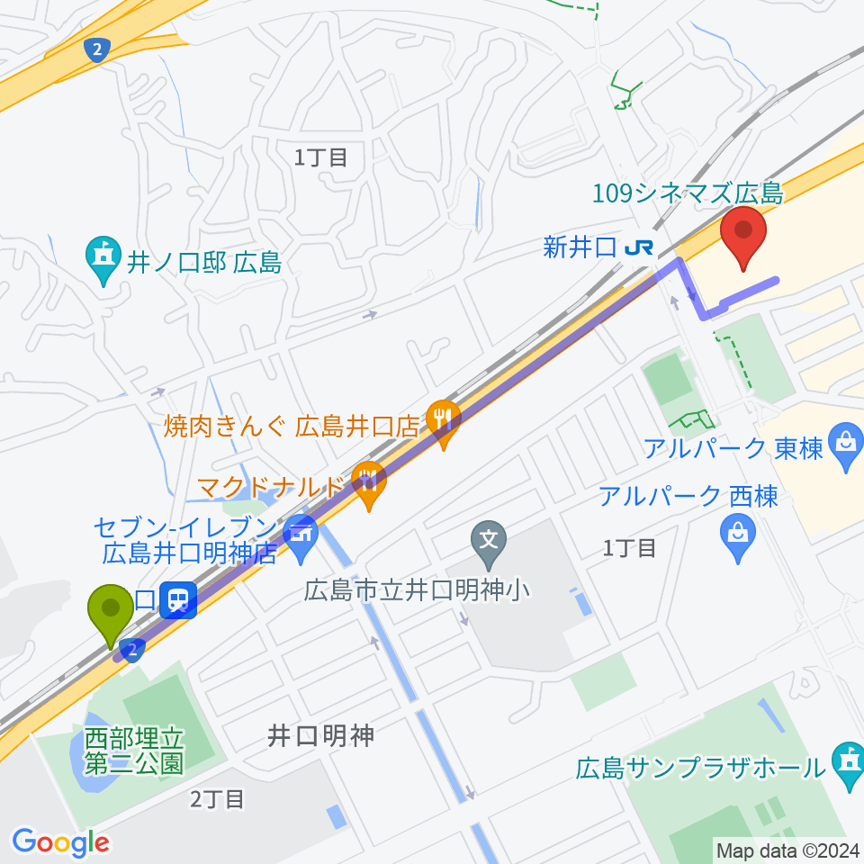 井口駅から109シネマズ広島へのルートマップ地図
