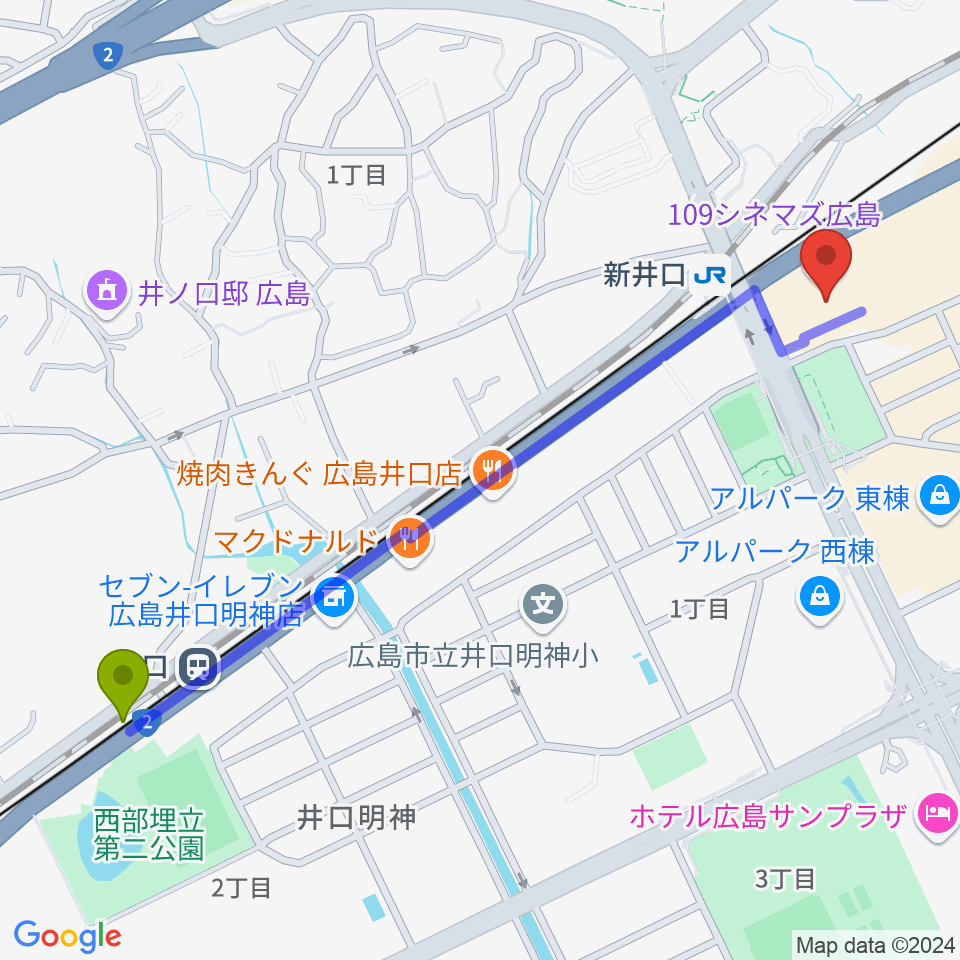 井口駅から109シネマズ広島へのルートマップ地図