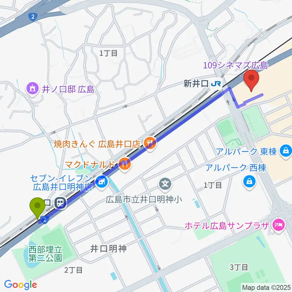 井口駅から109シネマズ広島へのルートマップ地図