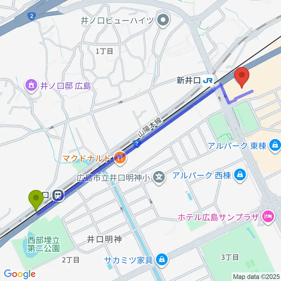 井口駅から109シネマズ広島へのルートマップ地図