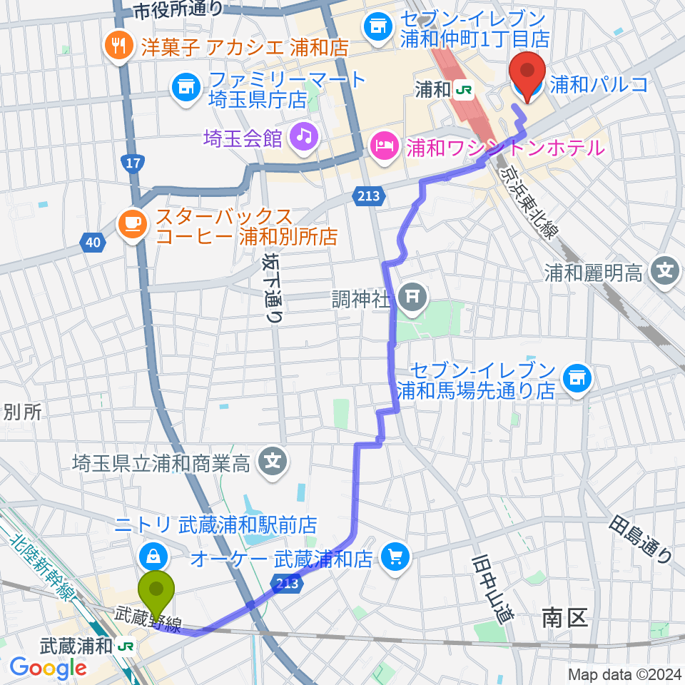 武蔵浦和駅からユナイテッド・シネマ浦和へのルートマップ地図