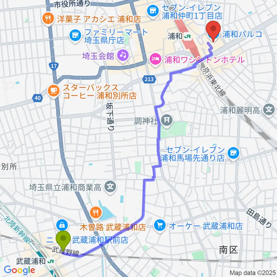 武蔵浦和駅からユナイテッド・シネマ浦和へのルートマップ地図