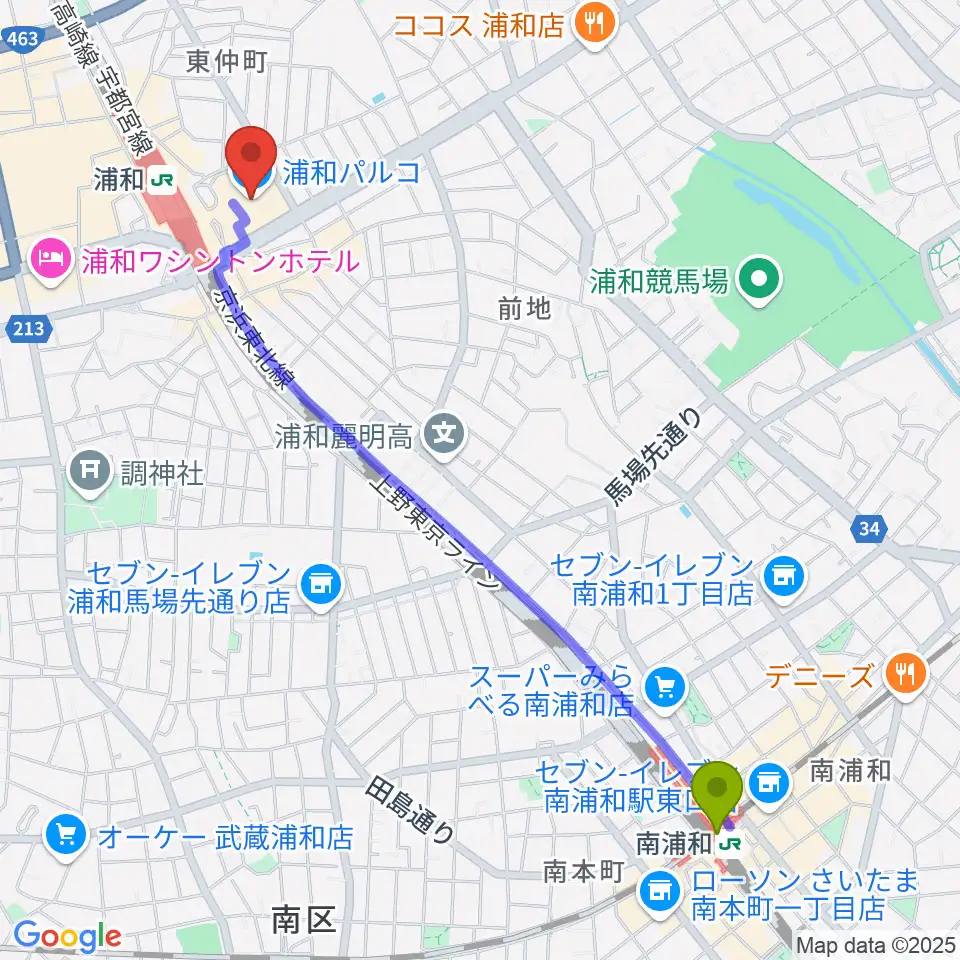 南浦和駅からユナイテッド・シネマ浦和へのルートマップ地図