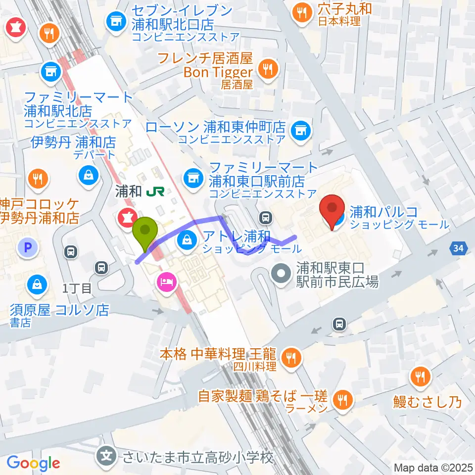 ユナイテッド・シネマ浦和の最寄駅浦和駅からの徒歩ルート（約3分）地図