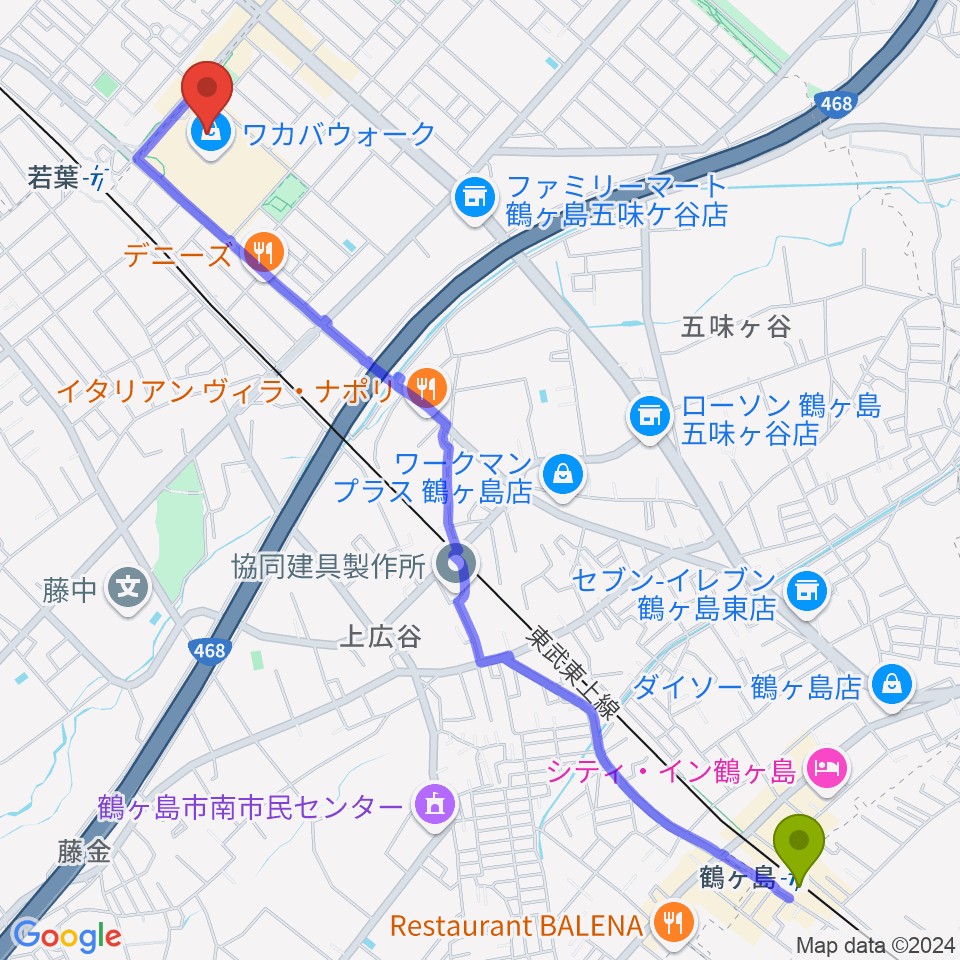 鶴ヶ島駅からユナイテッド・シネマわかばへのルートマップ地図