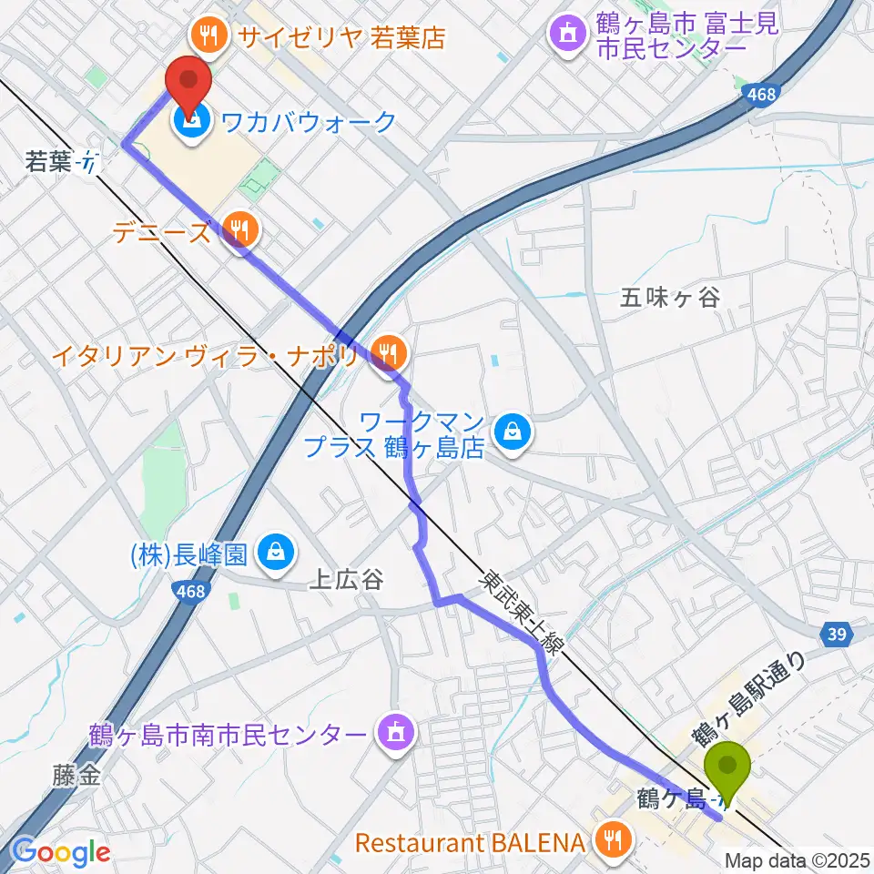 鶴ヶ島駅からユナイテッド・シネマわかばへのルートマップ地図