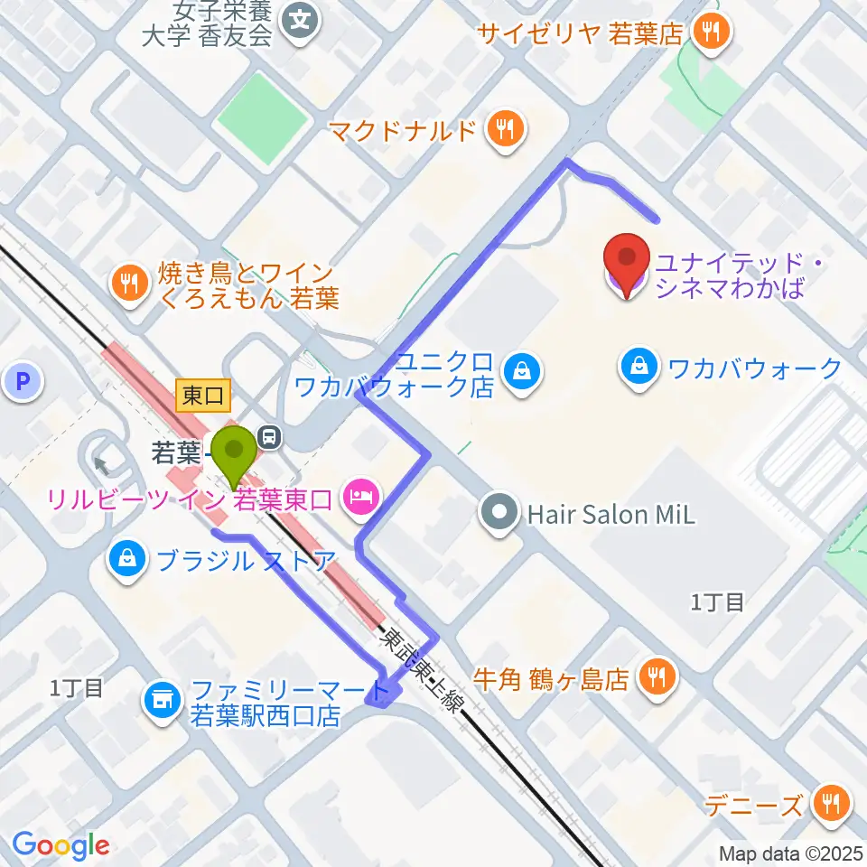 ユナイテッド・シネマわかばの最寄駅若葉駅からの徒歩ルート（約4分）地図