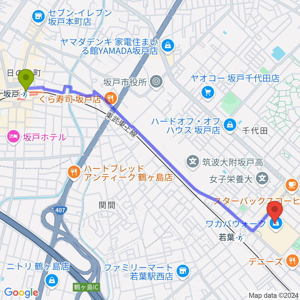 坂戸駅からユナイテッド・シネマわかばへのルートマップ地図