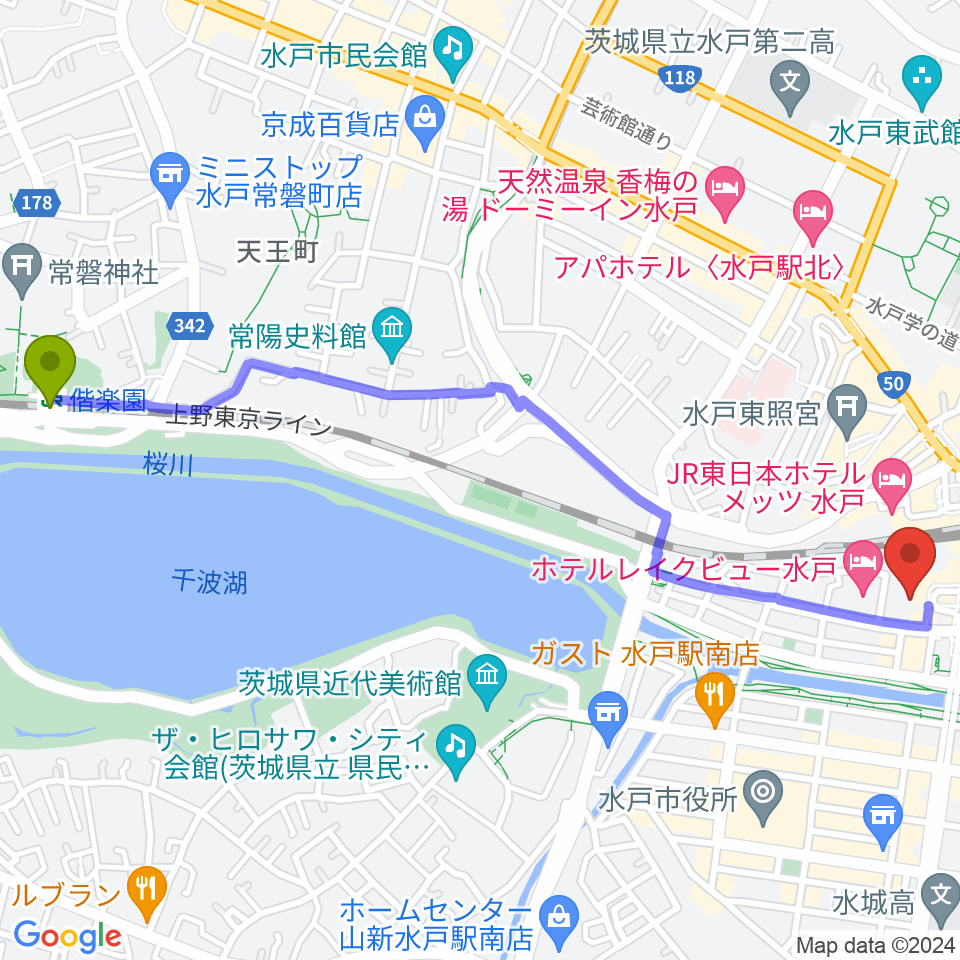 偕楽園駅からユナイテッド・シネマ水戸へのルートマップ地図