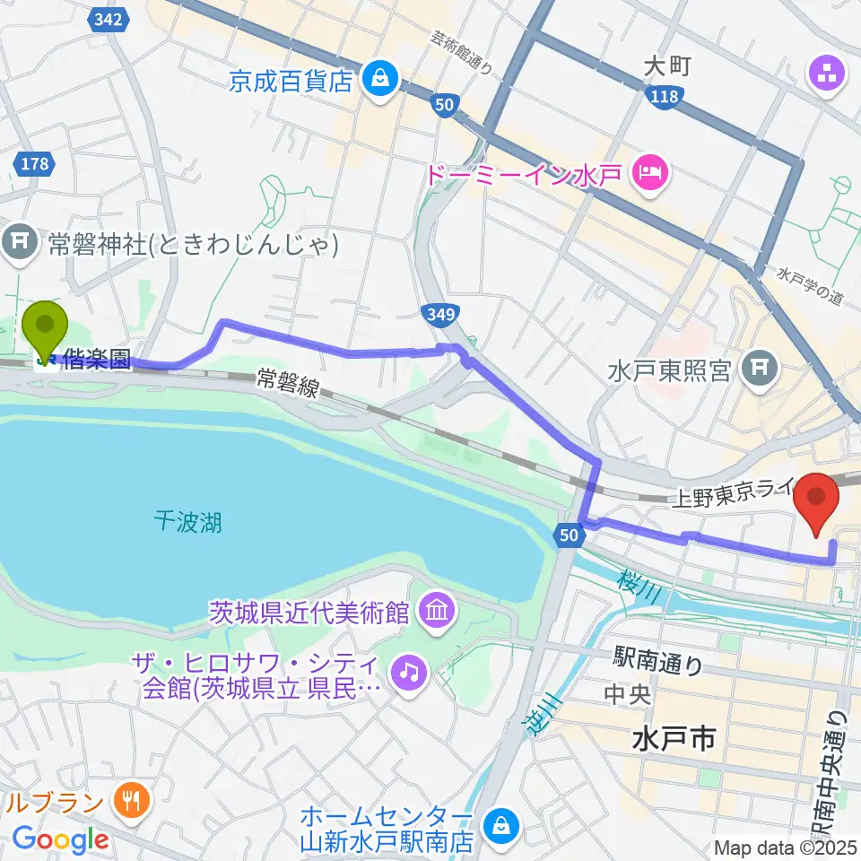 偕楽園駅からユナイテッド・シネマ水戸へのルートマップ地図