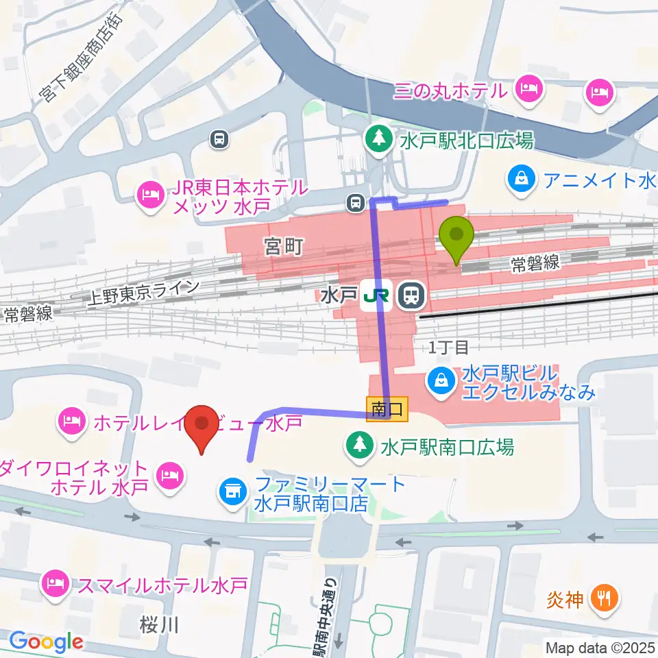 ユナイテッド・シネマ水戸の最寄駅水戸駅からの徒歩ルート（約4分）地図