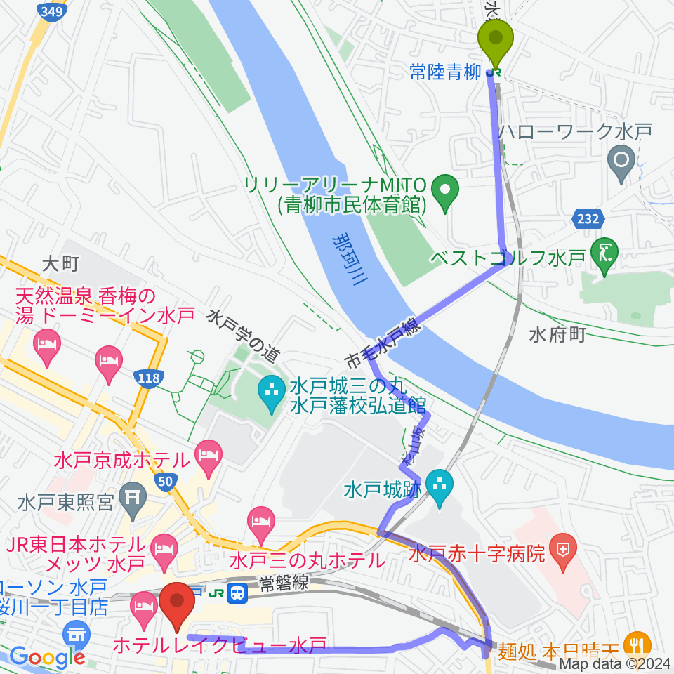 常陸青柳駅からユナイテッド・シネマ水戸へのルートマップ地図