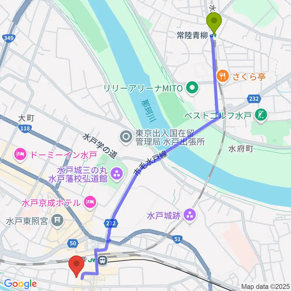 常陸青柳駅からユナイテッド・シネマ水戸へのルートマップ地図