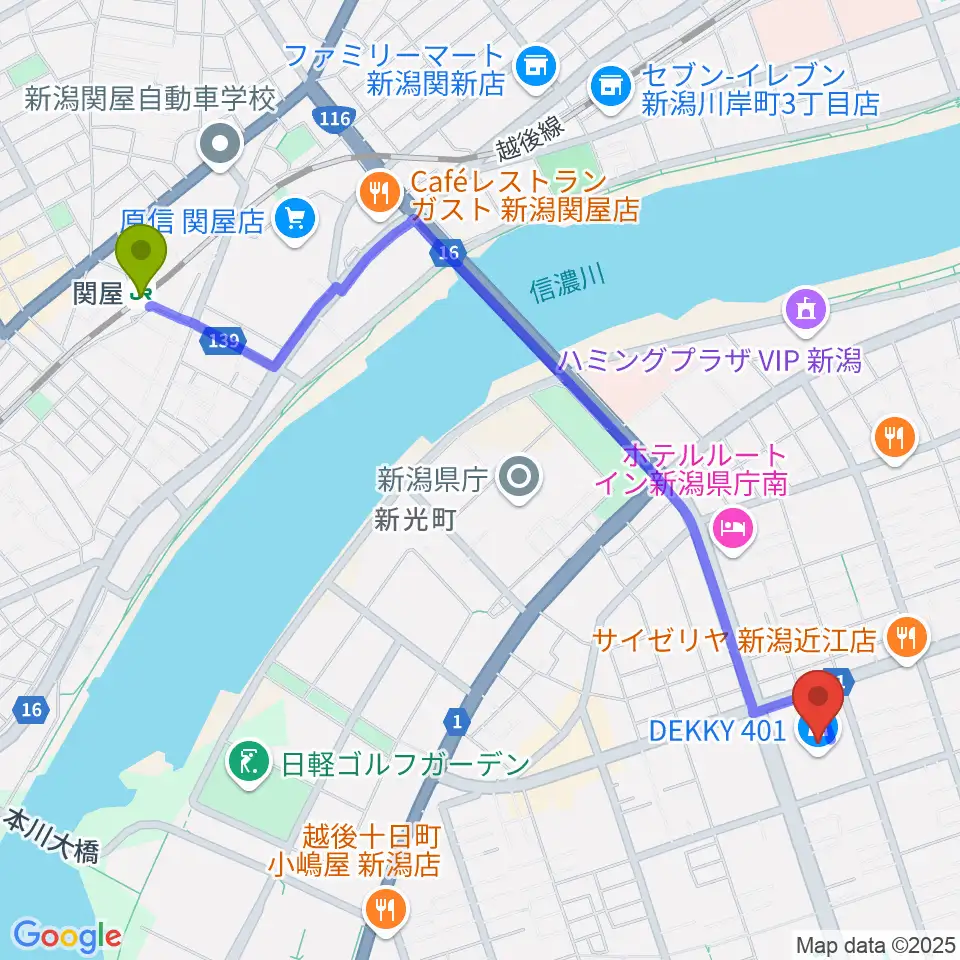 関屋駅からユナイテッド・シネマ新潟へのルートマップ地図