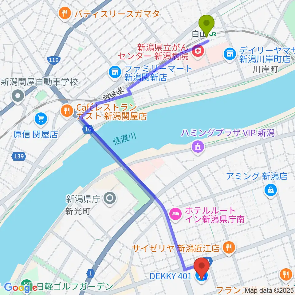 ユナイテッド・シネマ新潟の最寄駅白山駅からの徒歩ルート（約25分）地図