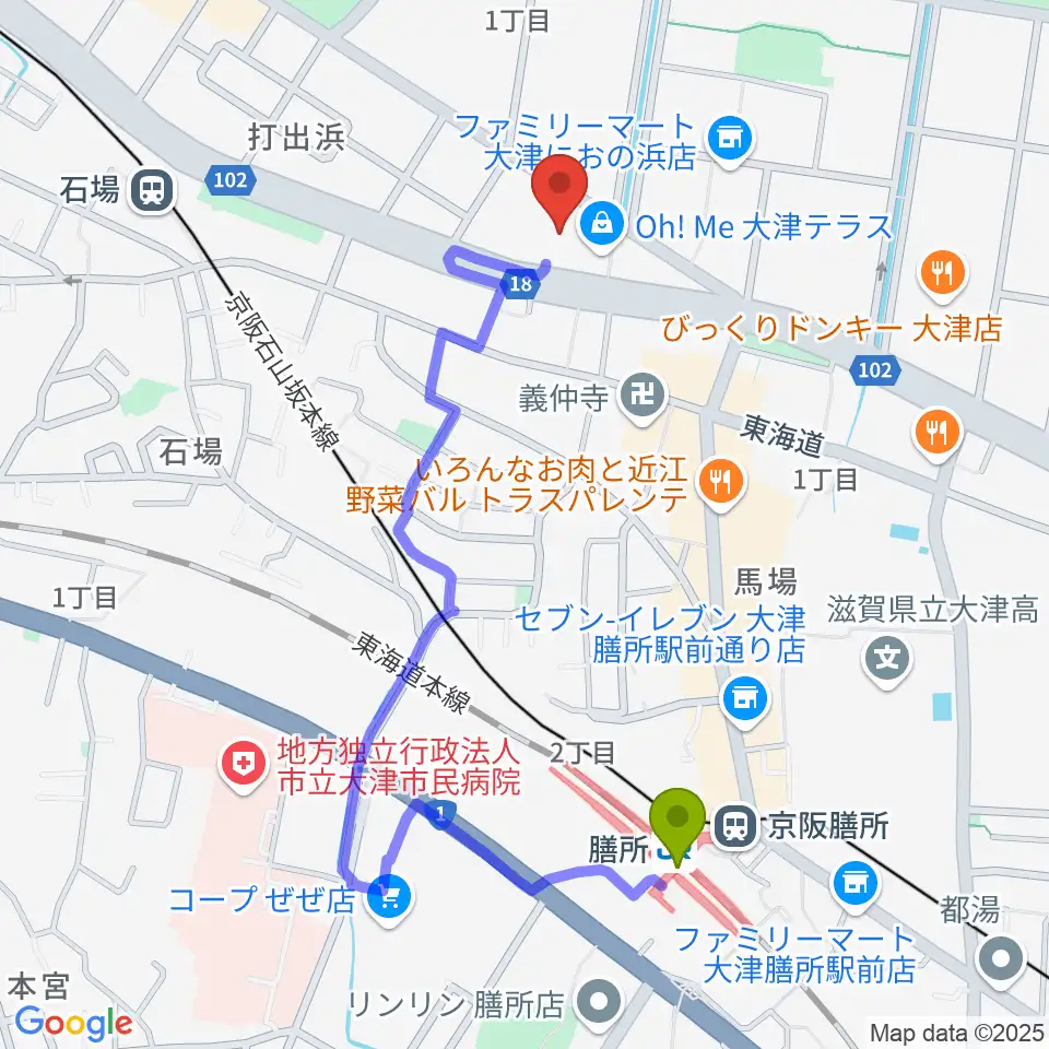 膳所駅からユナイテッド・シネマ大津へのルートマップ地図