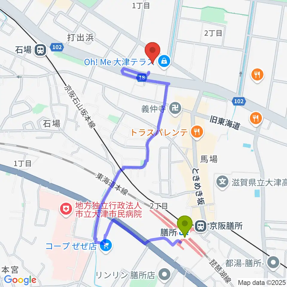 膳所駅からユナイテッド・シネマ大津へのルートマップ地図