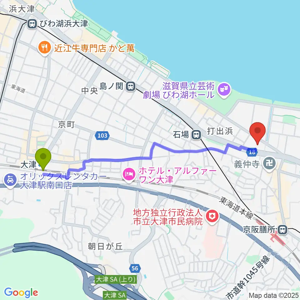 大津駅からユナイテッド・シネマ大津へのルートマップ地図