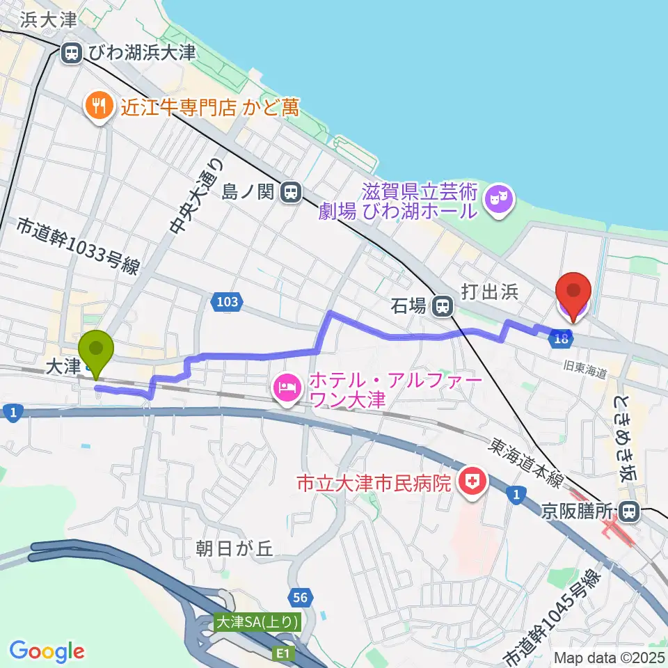 大津駅からユナイテッド・シネマ大津へのルートマップ地図