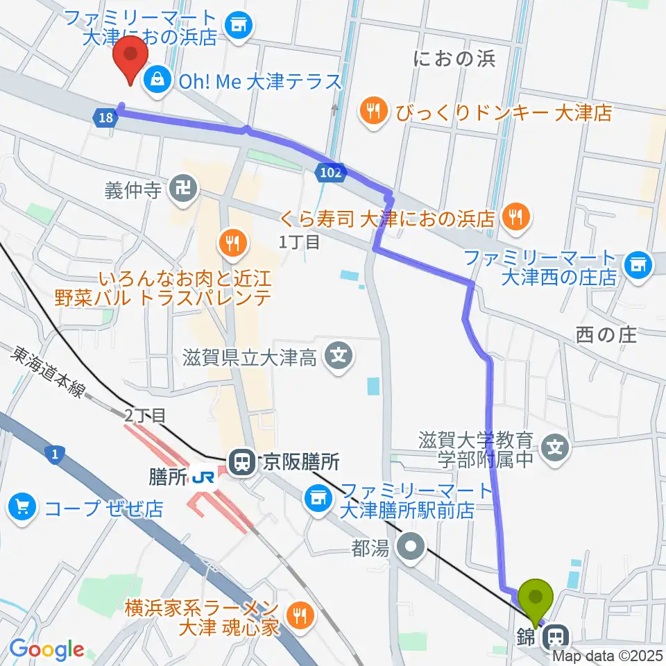 錦駅からユナイテッド・シネマ大津へのルートマップ地図