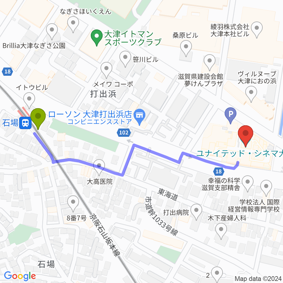ユナイテッド・シネマ大津の最寄駅石場駅からの徒歩ルート（約6分）地図