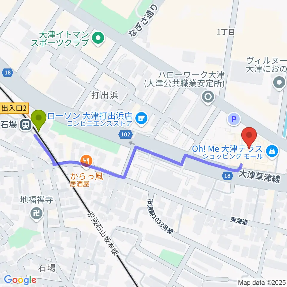 ユナイテッド・シネマ大津の最寄駅石場駅からの徒歩ルート（約6分）地図