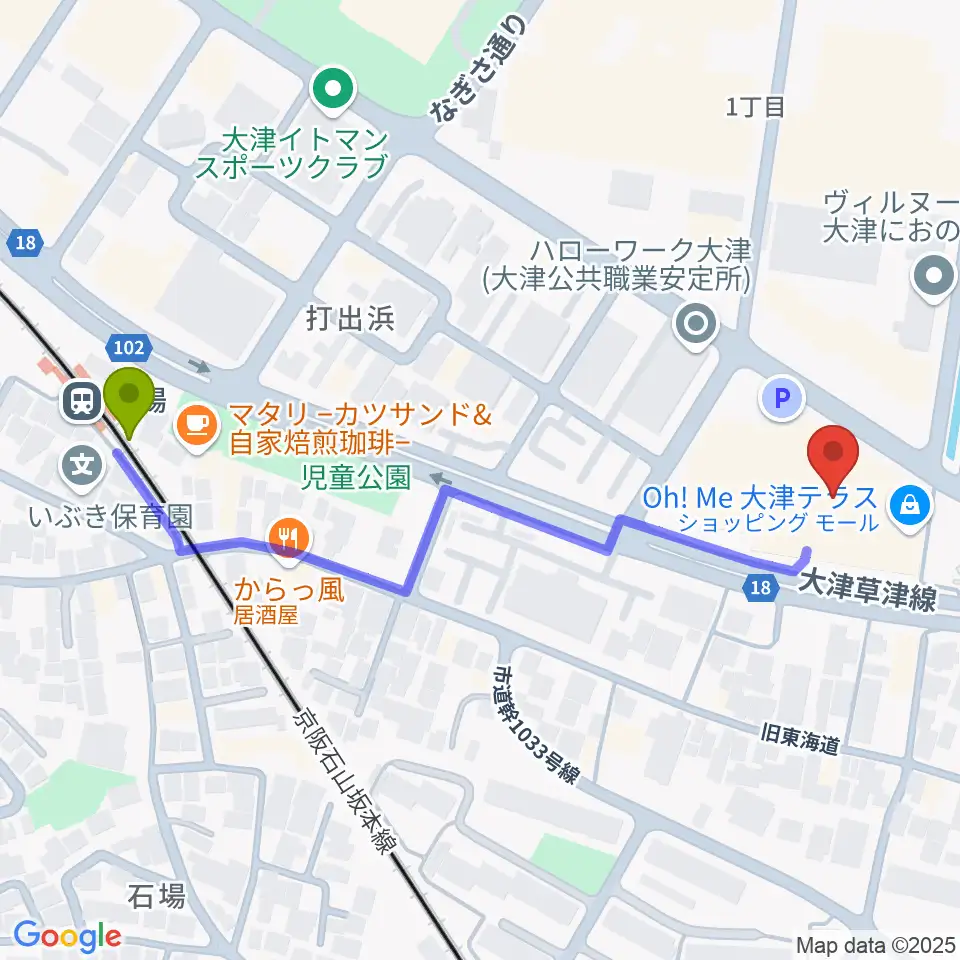 ユナイテッド・シネマ大津の最寄駅石場駅からの徒歩ルート（約6分）地図