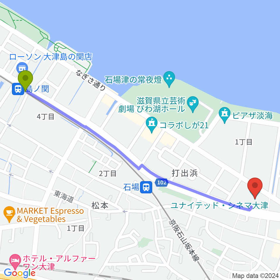 島ノ関駅からユナイテッド・シネマ大津へのルートマップ地図