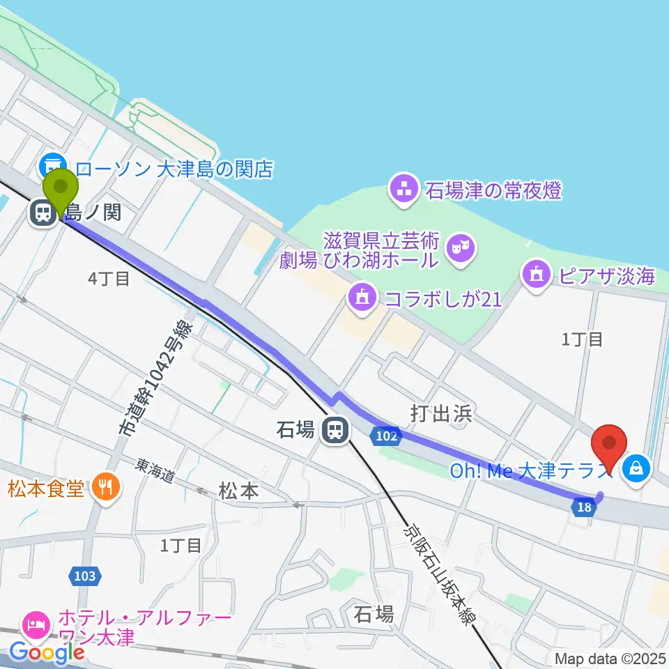 島ノ関駅からユナイテッド・シネマ大津へのルートマップ地図