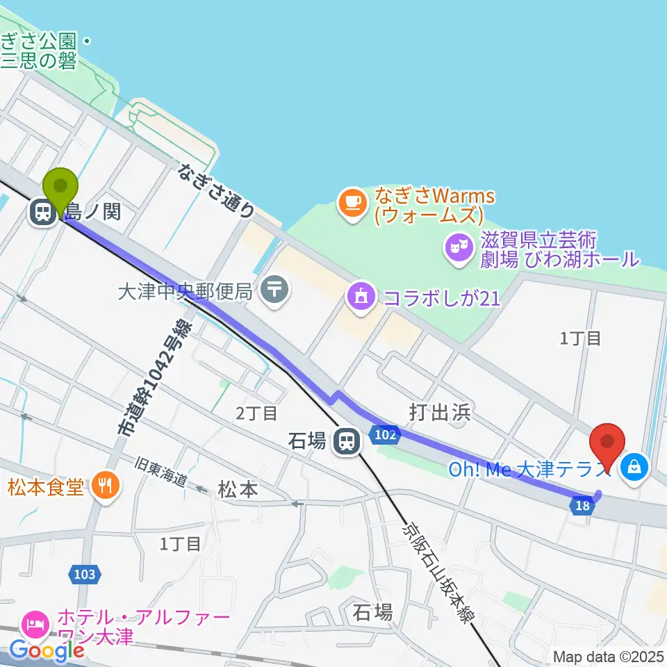 島ノ関駅からユナイテッド・シネマ大津へのルートマップ地図