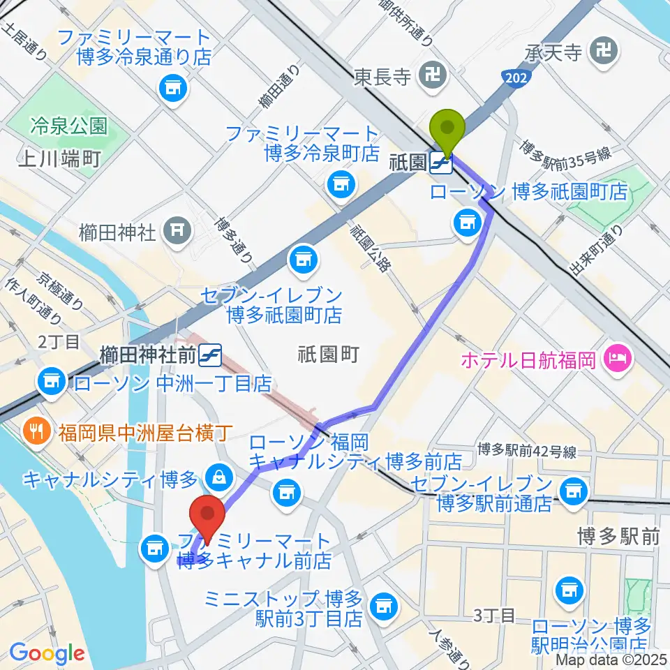 ユナイテッド・シネマ キャナルシティ13の最寄駅祇園駅からの徒歩ルート（約11分）地図