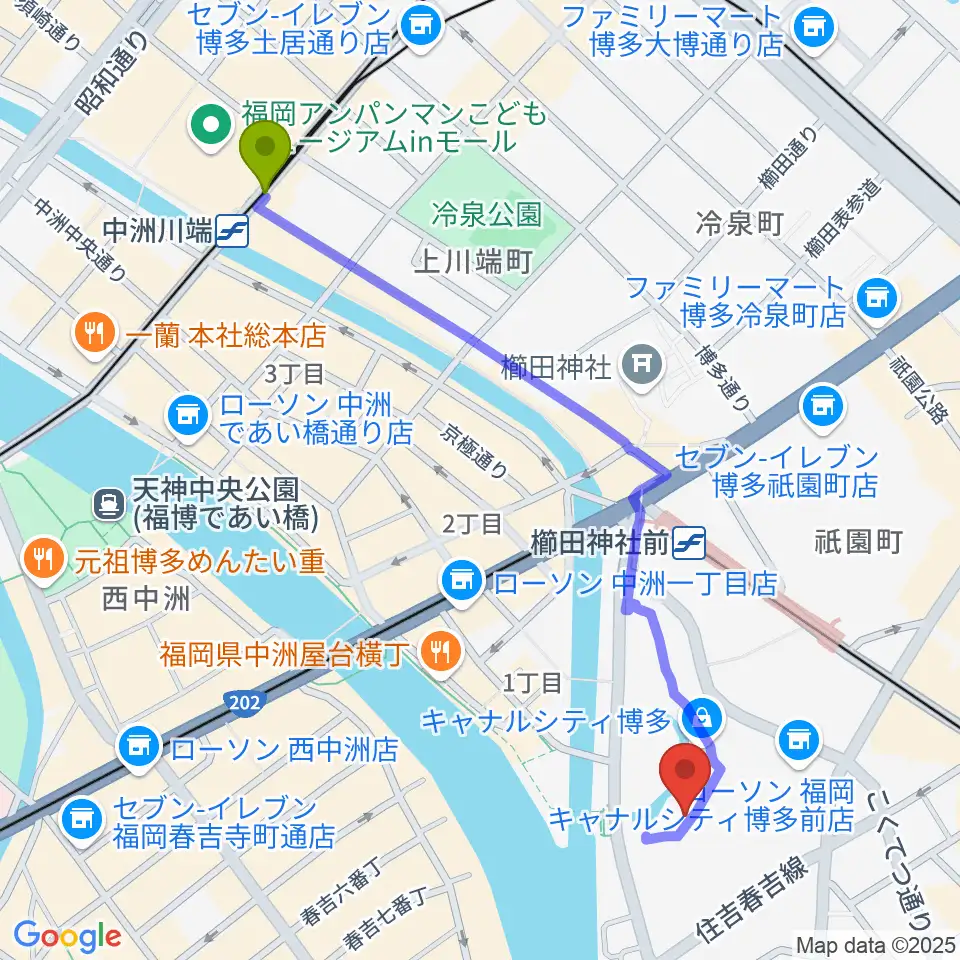 中洲川端駅からユナイテッド・シネマ キャナルシティ13へのルートマップ地図