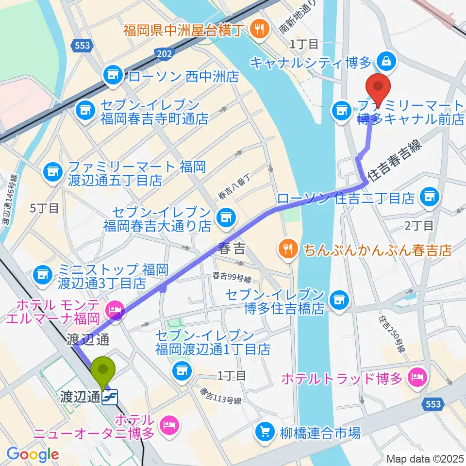 渡辺通駅からユナイテッド・シネマ キャナルシティ13へのルートマップ地図