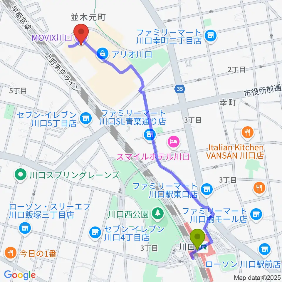 MOVIX川口の最寄駅川口駅からの徒歩ルート（約13分）地図