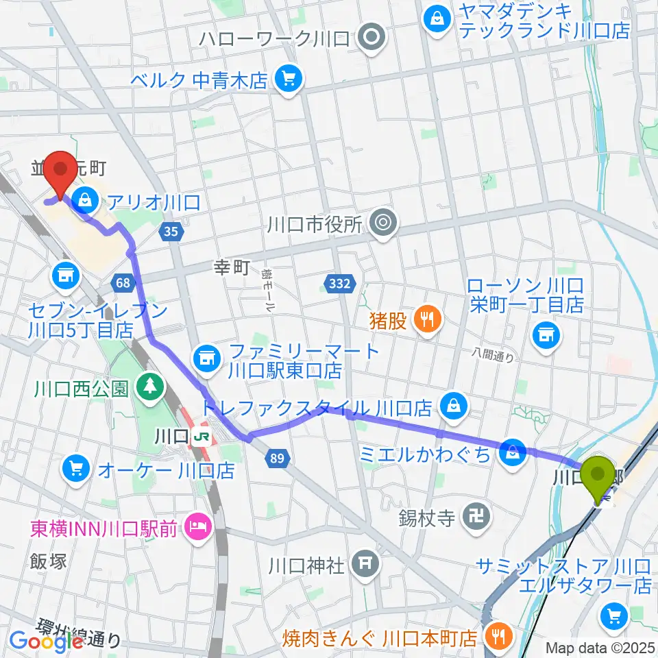 川口元郷駅からMOVIX川口へのルートマップ地図