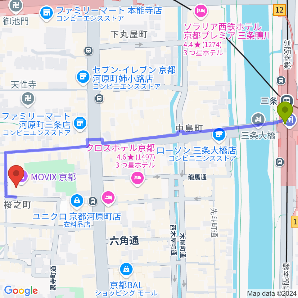 三条駅からMOVIX京都へのルートマップ地図