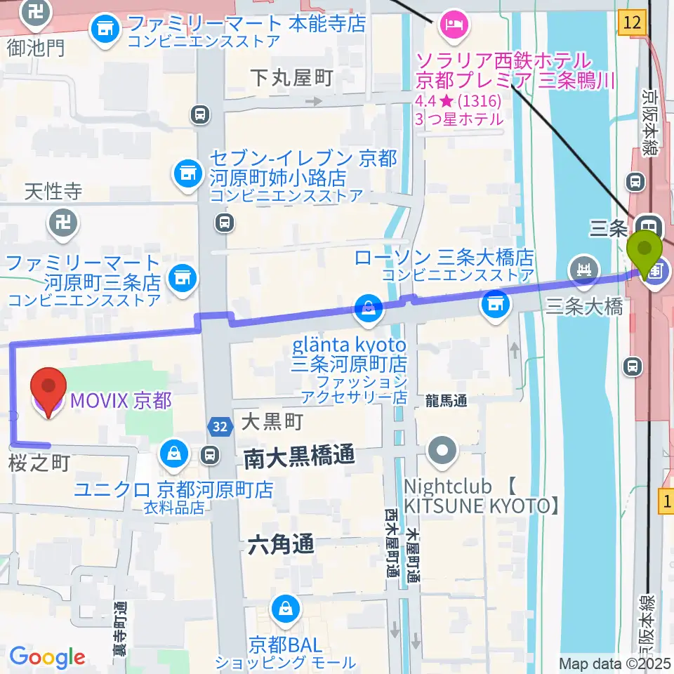 三条駅からMOVIX京都へのルートマップ地図