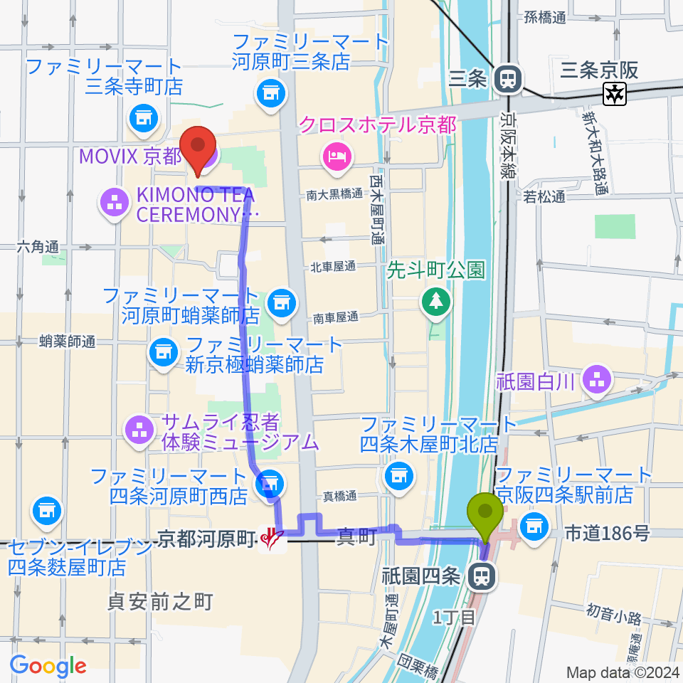 祇園四条駅からMOVIX京都へのルートマップ地図